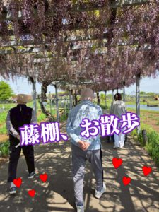 藤棚の下で入居者と職員が散歩・レクリエーション活動を行っている風景